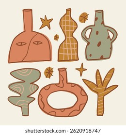 Cute pottery illustration modern ceramics graphics hobby abstract vases and vessels background, handmade pottery wallpaper vector surface design in minimalist style. Organic shapes cutout collage clay