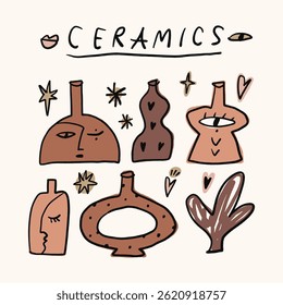 Ilustração de cerâmica bonita cerâmica moderna gráficos hobby vasos abstratos e vasos fundo, cerâmica artesanal projeto de superfície de vetor de papel de parede em estilo minimalista. Formas orgânicas recortam argila colagem