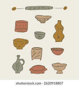 Ilustração de cerâmica bonita cerâmica moderna gráficos hobby vasos abstratos e vasos fundo, cerâmica artesanal projeto de superfície de vetor de papel de parede em estilo minimalista. Formas orgânicas recortam argila colagem