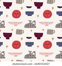 Cute pottery seamless pattern modern ceramics graphics hobby abstract vases and vessels background, handmade pottery wallpaper vector surface design in minimalist style. Organic shapes cutout collage