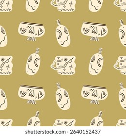 Cute pottery seamless pattern modern ceramics graphics hobby abstract vases and vessels background, handmade pottery wallpaper vector surface design in minimalist style. Organic shapes cutout collage