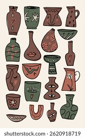 Poster vertical de cerâmica bonito ilustração cerâmica moderna gráficos hobby vases abstratos e vasos fundo, cerâmica artesanal projeto de superfície de vetor de papel de parede em estilo minimalista. Formas orgânicas