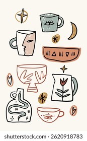 Cute pottery vertical poster illustration modern ceramics graphics hobby abstract vases and vessels background, handmade pottery wallpaper vector surface design in minimalist style. Organic shapes