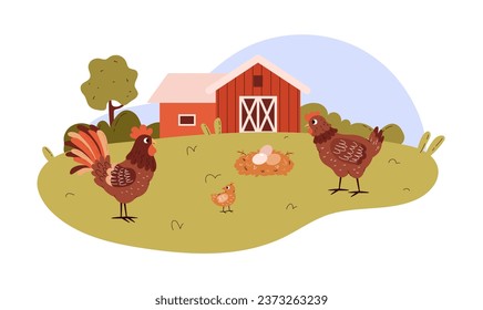 Cute poultry farm with chicken family cartoon vector illustration. Hen with chick and rooster, eggs in the nest on the lawn near the barn. Country aviculture, domestic egg producing bird