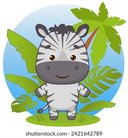 Cute pouting baby zebra stands in the leaves under a palm tree. Zebra in kawaii style. Kawaii style. Vector illustration of drawings, prints and patterns. Isolated on white background