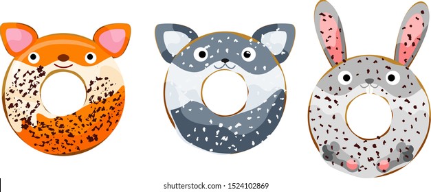 Cute powdered animals fox, wolf, hear donuts set isolated on white vector illustration. Cute cartoon characters.