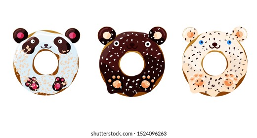 Cute powdered bears donuts set isolated on white vector illustration. Cute cartoon characters.