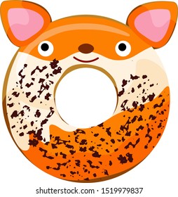 Cute powdered fox donut isolated on white vector illustration. Cute cartoon character.
