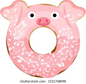 Cute powdered pig donut isolated on white vector illustration. Cute cartoon character.