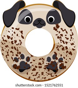 Cute powdered pug dog donut isolated on white vector illustration. Cute cartoon character.