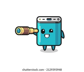cute power bank character is holding an old telescope , cute style design for t shirt, sticker, logo element