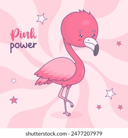 Cute power pink flamingo. Funny cartoon kawaii bird character. Vector illustration. Cool card