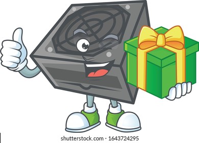 Cute power supply unit black color character holding a gift box