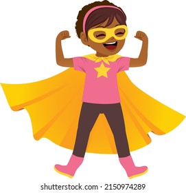 Cute powerful little girl dressed with super hero costume isolated on white background.