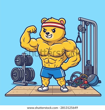 A cute but powerful muscular yellow bear mascot showing off its large biceps and abs in a well-equipped gym setting. The cartoon character is wearing sports gear and is surrounded by weightlifting equipment like dumbbells and a cable machine.