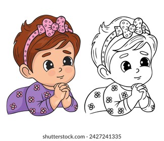 Cute praying little baby girl. Religious believer child character concept. Vector illustration. isolated linear hand and color drawing. Kids collection