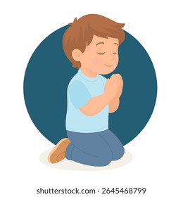 Cute praying little boy on their knees with hands folded in prayer.