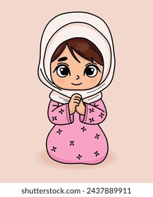 Cute praying little girl in headscarf. Religious believer child character with hands folded in prayer. Vector illustration. Color hand drawing with doodle style. Kids collection.