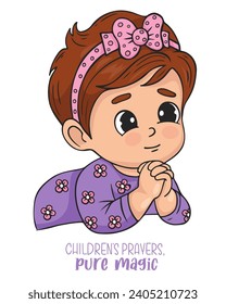 Cute praying little girl. Religious believer child character. Vector illustration. Kids collection