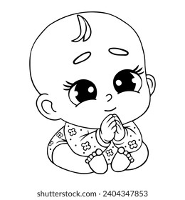Cute praying little infant. Linear hand drawing, coloring book. Vector illustration. Religious believer baby character concept. Kids collection
