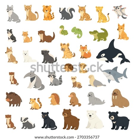 Cute predator animal set featuring tigers, wolf, puma and bears, predator animal set illustration perfect for kids learning, posters, stickers, toys and educational wildlife designs.