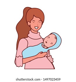 cute pregnancy mother lifting little baby characters