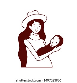 cute pregnancy mother lifting little baby characters