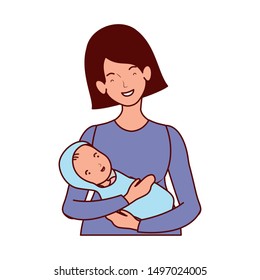 cute pregnancy mother lifting little baby characters