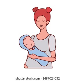 cute pregnancy mother lifting little baby characters