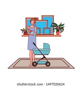 cute pregnancy mother with little baby in cart