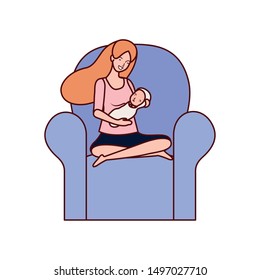 cute pregnancy mother with little baby seated in sofa