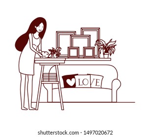 cute pregnancy mother with little boy seated in bedroom