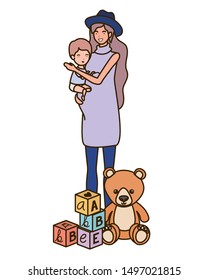 cute pregnancy mother with little boy characters