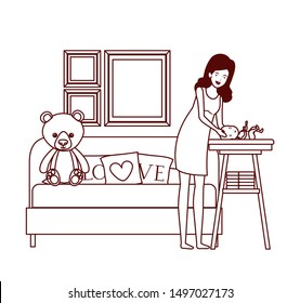cute pregnancy mother with little boy in livingroom