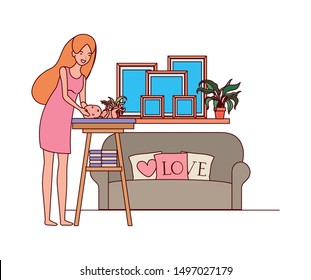cute pregnancy mother with little boy in livingroom