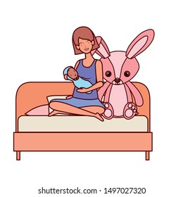 cute pregnancy mother with little boy in livingroom