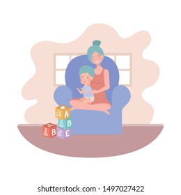cute pregnancy mother with little boy seated in sofa