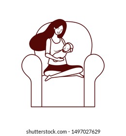 cute pregnancy mother with little boy in livingroom