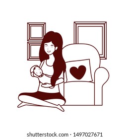 cute pregnancy mother with little boy seated in sofa
