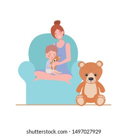 cute pregnancy mother with little boy seated in sofa