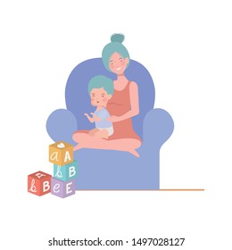 cute pregnancy mother with little boy seated in sofa