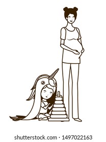 cute pregnancy mother with little girl characters