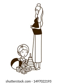 cute pregnancy mother with little girl characters