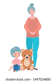 cute pregnancy mother with little girl characters