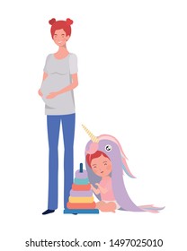cute pregnancy mother with little girl characters
