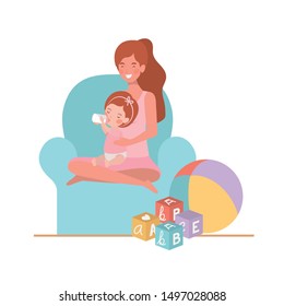 cute pregnancy mother with little girl seated in sofa