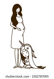 cute pregnancy mother with little girl characters