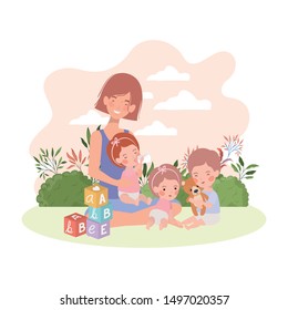cute pregnancy mother with little kids in the camp