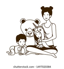 cute pregnancy mother with little kids characters