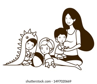 cute pregnancy mother with little kids characters